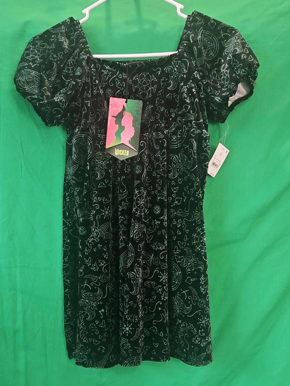 Wicked Girls Black Velvet Puff-Sleeve Casual Dress with Silver Print